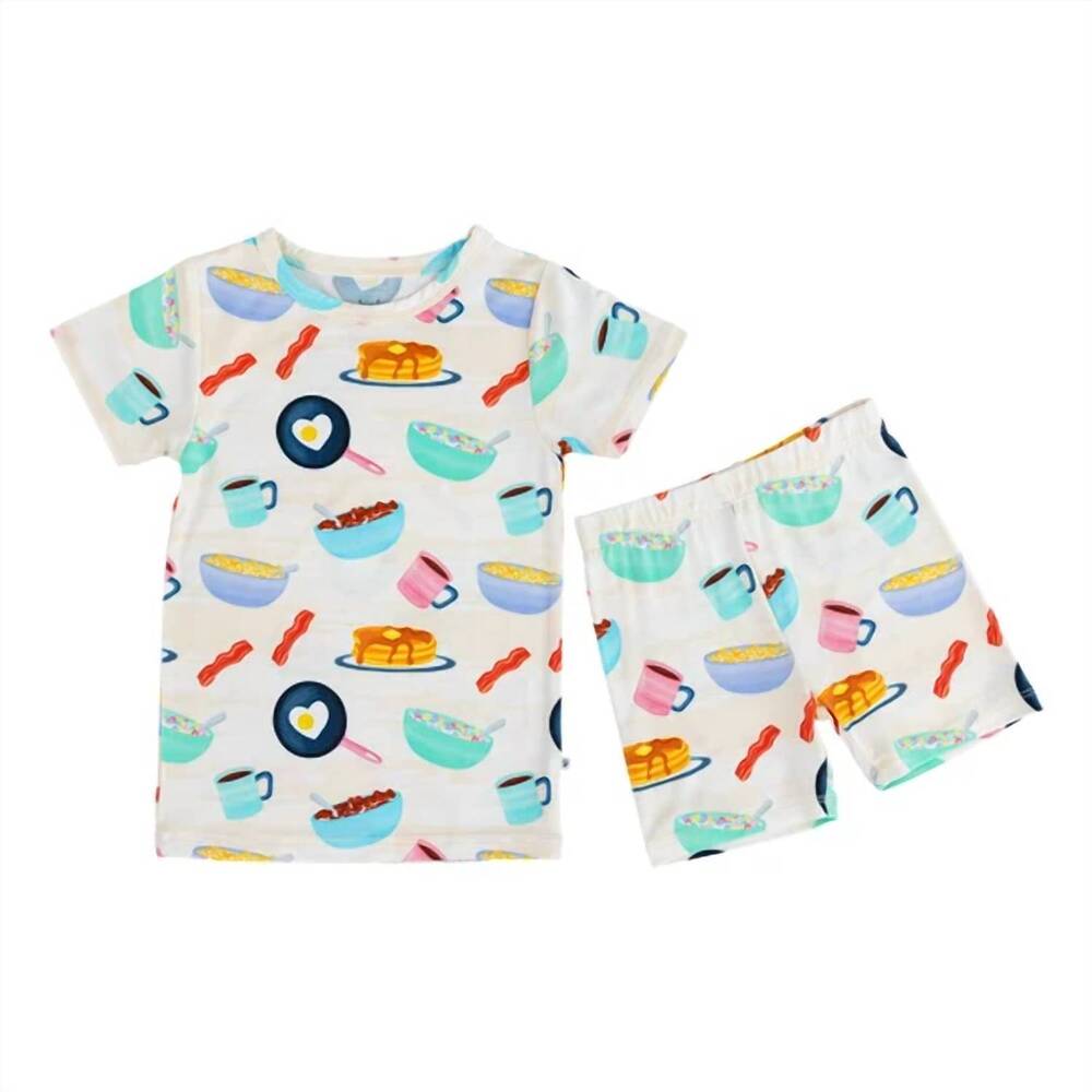 NEW BIRDIE BEAN boys' breakfast club 2-piece short sleeve pajamas in rainbow ivo